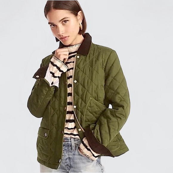 J CREW Quilted Barn Jacket Chore Utility Corduroy Trim Deep Moss Olive Green - Picture 1 of 16